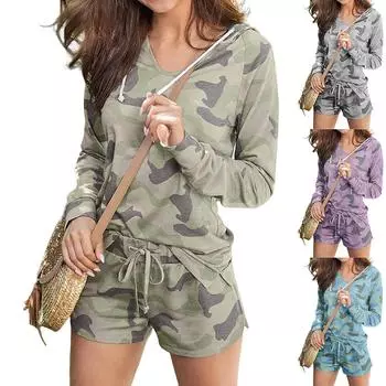 Женский модный повседневный костюм с капюшоном и шортами с длинным рукавом XXXL зелёный