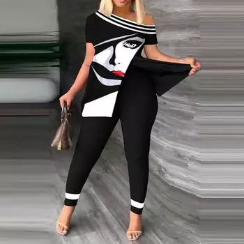 Женский модный повседневный костюм с принтом, брюки с короткими рукавами, комплект из 2 предметов L чёрный