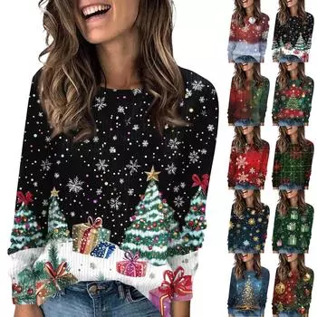 Женский модный повседневный круглый вырез с длинными рукавами и принтом размера плюс базовый пуловер L синий