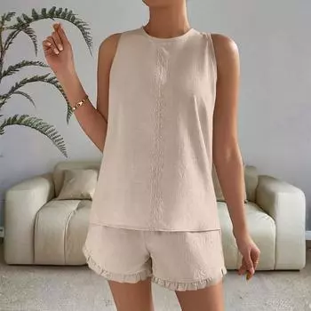 Женский модный повседневный летний однотонный топ без рукавов с оборками и мягкими удобными шортами S бежевый