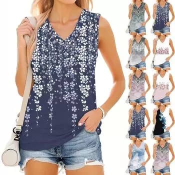 Женский модный повседневный летний жилет с V-образным вырезом и цветочным принтом XXXL