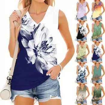 Женский модный повседневный летний жилет с V-образным вырезом и цветочным принтом XXXL