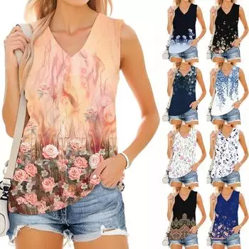 Женский модный повседневный летний жилет с V-образным вырезом и цветочным принтом M синий