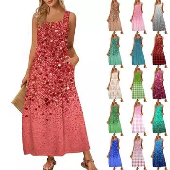 Женский модный повседневный макси-сарафан, летнее пляжное платье с круглым вырезом, без рукавов, свободный блестящий сарафан с принтом L армия зеленый