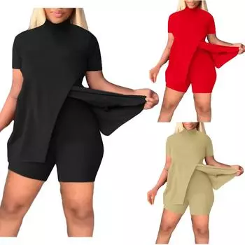 Женский модный повседневный однотонный костюм, летний костюм с высоким воротником и запахом, топ с разрезом по краю, шорты с короткими рукавами, костюм из двух предметов L бежевый