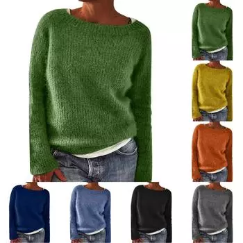 Женский модный повседневный однотонный круглый вырез пуловер свободный свитер с длинными рукавами топ L армия зеленый