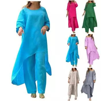 Женский модный повседневный однотонный нерегулярный комплект с длинными рукавами, широкие брюки, комплект из двух предметов XXL синий