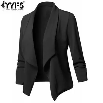 Женский модный повседневный однотонный принт YYFS, осенне-зимний костюм-поло с длинными рукавами и воротником, куртки и пальто S чёрный