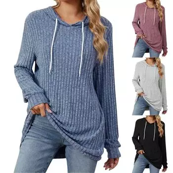 Женский модный повседневный однотонный пуловер с капюшоном и шнурком с длинными рукавами XL чёрный