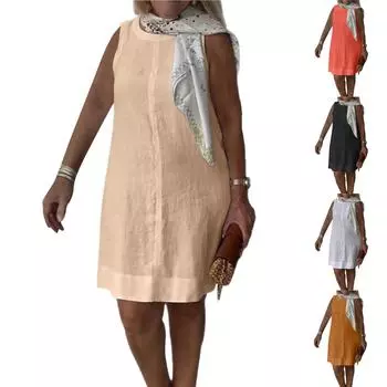 Женский модный повседневный однотонный сарафан с круглым вырезом S хаки