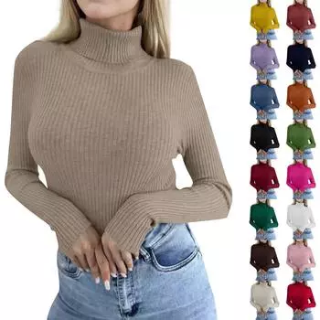 Женский модный повседневный однотонный свитер с длинным рукавом, тонкий свитер, пуловер, топ M бежевый