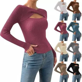 Женский модный повседневный однотонный свитер с длинным рукавом, тонкий свитер, пуловер, топ L бежевый