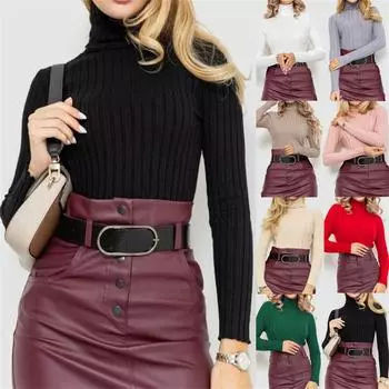 Женский модный повседневный однотонный свитер с длинным рукавом, тонкий свитер, пуловер, топ L бежевый