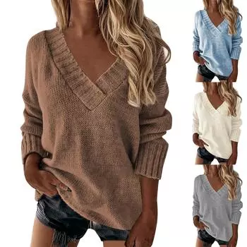 Женский модный повседневный однотонный свитер с v-образным вырезом и длинными рукавами, пуловер, топы L синий