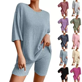 Женский модный повседневный однотонный свободный круглый вырез с коротким рукавом шорты костюм L бежевый