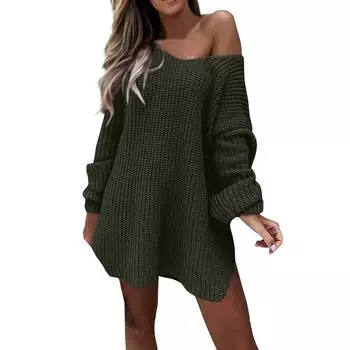 Женский модный повседневный однотонный свободный вязаный свитер и зимний пуловер с V-образным вырезом L армия зеленый
