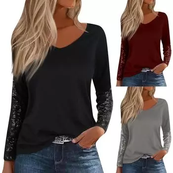 Женский модный повседневный однотонный топ с длинными рукавами и пайетками L чёрный