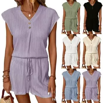 Женский модный повседневный однотонный топ с короткими рукавами и эластичной талией, шорты, домашний комплект из двух предметов M зелёный