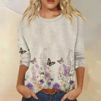 Женский модный повседневный однотонный топ с круглым вырезом и рукавом семь четвертей L бежевый