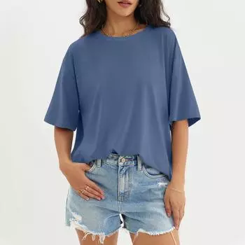 Женский модный повседневный однотонный топ с круглым вырезом и тремя рукавами с половиной рукавами L синий