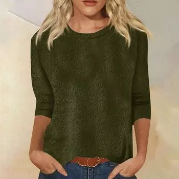 Женский модный повседневный однотонный топ с круглым вырезом и рукавом семь четвертей L армия зеленый