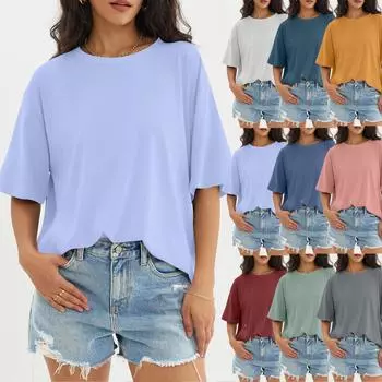 Женский модный повседневный однотонный топ с круглым вырезом и тремя рукавами с половиной рукавами L синий