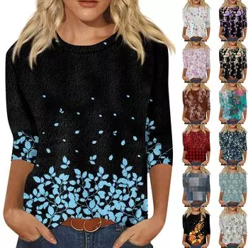 Женский модный повседневный однотонный топ с круглым вырезом и рукавом семь четвертей L чёрный