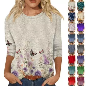 Женский модный повседневный однотонный топ с круглым вырезом и рукавом семь четвертей L бежевый