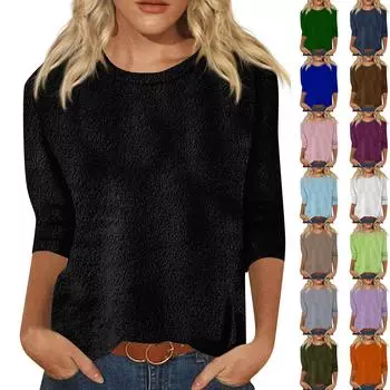 Женский модный повседневный однотонный топ с круглым вырезом и рукавом семь четвертей L армия зеленый