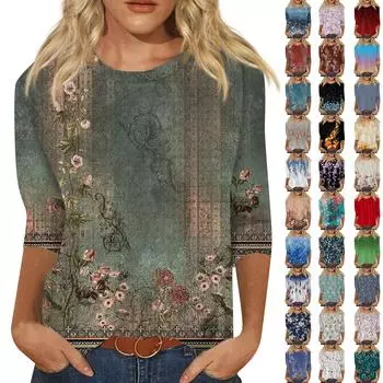 Женский модный повседневный однотонный топ с круглым вырезом и рукавом семь четвертей L армия зеленый