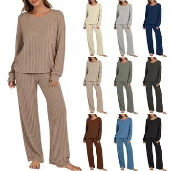 Женский модный повседневный однотонный трикотажный топ с длинными рукавами, свободный домашний комплект L армия зеленый