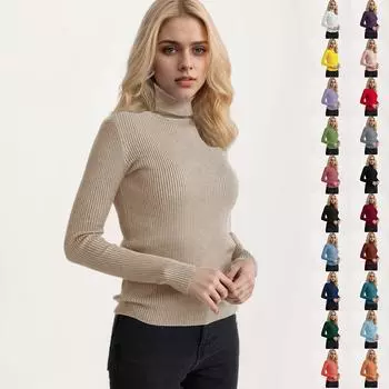 Женский модный повседневный однотонный универсальный вязаный свитер с высоким воротом One Size чёрный