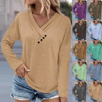 Женский модный повседневный однотонный женский длинный топ с рюшами на груди и v-образным вырезом и длинными рукавами XL