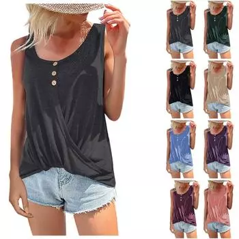 Женский модный повседневный однотонный жилет без рукавов с круглым вырезом и крестообразными пуговицами L чёрный