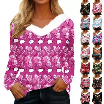 Женский модный повседневный плюшевый топ с v-образным вырезом и длинным рукавом для вечеринок и воротником сердца S чёрный