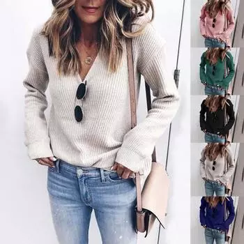 Женский модный повседневный приталенный вязаный свитер с длинным рукавом и v-образным вырезом, топы L чёрный