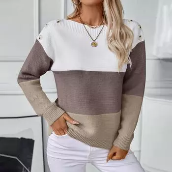 Женский модный повседневный пуловер на одно плечо с пуговицами, вязаный кардиган, пуловер контрастного цвета, свитер с длинным рукавом свободного кроя L коричневый