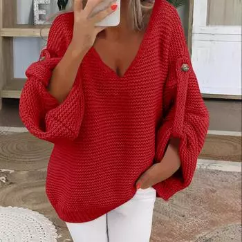 Женский модный повседневный пуловер с длинным рукавом и зимний свитер с длинным рукавом и V-образным вырезом XL красный