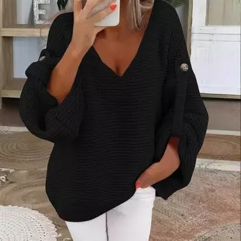 Женский модный повседневный пуловер с длинным рукавом и зимний свитер с длинным рукавом и V-образным вырезом L чёрный