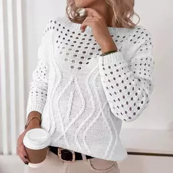 Женский модный повседневный пуловер с длинным рукавом, однотонный, свободного кроя, с открытым плечом, длинный рукав, ажурный свитер L