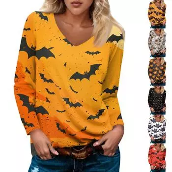 Женский модный повседневный пуловер с длинным рукавом и V-образным вырезом, рукавом реглан и принтом L оранжевый