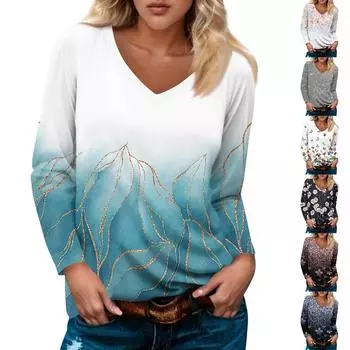 Женский модный повседневный пуловер с длинным рукавом и V-образным вырезом, рукавом реглан и принтом XL циан