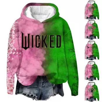 Женский модный повседневный пуловер с длинными рукавами и принтом в виде ведьмы с капюшоном L зелёный