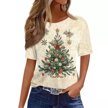 Женский модный повседневный пуловер с коротким рукавом и рождественским принтом, с круглым вырезом L