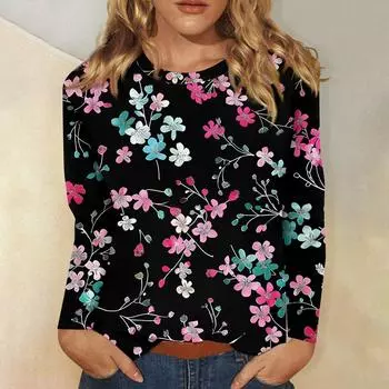 Женский модный повседневный пуловер с круглым вырезом и длинным рукавом с цветочным принтом L чёрный