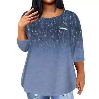 Женский модный повседневный пуловер с круглым вырезом и рукавом три четверти с принтом, топ с рукавами 4/3 XXXXL синий