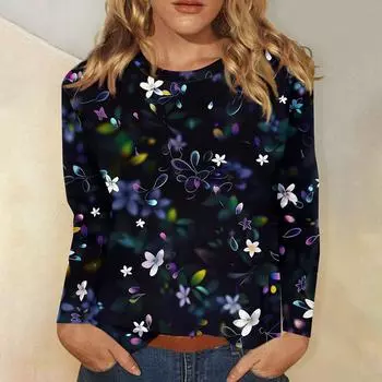 Женский модный повседневный пуловер с круглым вырезом и длинным рукавом с цветочным принтом L чёрный