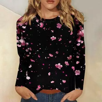 Женский модный повседневный пуловер с круглым вырезом и длинным рукавом с цветочным принтом L чёрный