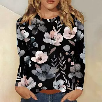 Женский модный повседневный пуловер с круглым вырезом и длинным рукавом с цветочным принтом L чёрный