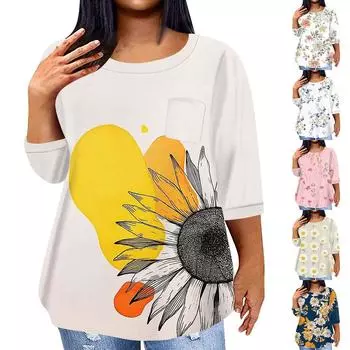 Женский модный повседневный пуловер с круглым вырезом и рукавом три четверти с принтом, топ с рукавами 4/3 L